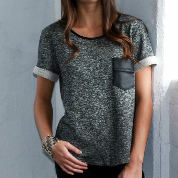 Black Vegan Leather Pocket Sweatshirt Top - Picture 5 of 7